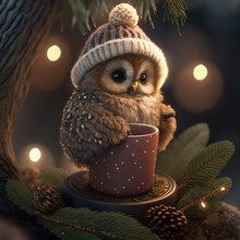 Cute Baby Owl In Christmas Night