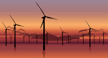 Vector Image Of Wind Turbines Scattered In The Sea At Sunset