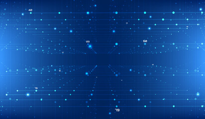 Leinwandbilder - Futuristic Blue Glow Horizontal Line Technology Futuristic with Digital Number Display Perspective Grid, Wireframe Dynamic Data Communication Transfer Concept Vector Background.