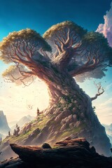 Wall Mural - lonely mystical tree, sunset over the mountains,fictional landscape made with generative ai