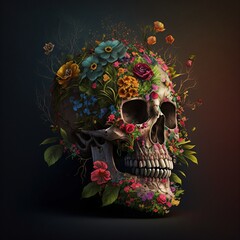 Wall Mural - closeup of a detailed human skull, floral decoration, fantasy, tradition, generative ai