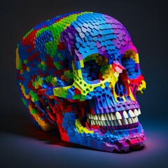 Wall Mural - colorful blocks human skull isolated on clean dark background, generative ai