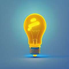 Poster - 3d cartoon style minimal yellow light bulb icon illuminated by neon light, electronic isolated on a blue background. ai