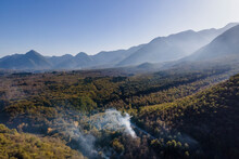 Aerial View Of A Fire Along The Road On Terminio Mountain, Avellino, Irpinia, Campania, Italy.