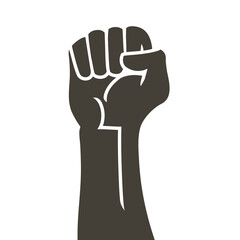 Hand raised air fighting for human rights. Fist up power Concept of protest, rebel, political demands, revolution, unity, cooperation, don't give up. Vector line logo icon