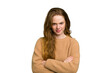 © Asier - Young caucasian redhead woman isolated unhappy looking in camera with sarcastic expression.