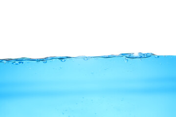 Blue water and bubbles of water isolated on white background.