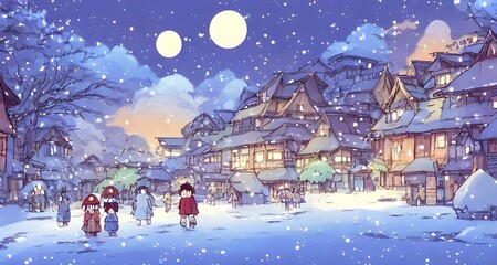 the winter village is a scene of frigid beauty. the snow-covered houses and buildings are like delic