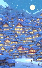 Wall Mural - The winter village is blanketed in a layer of freshly fallen snow. The houses are adorned with wreaths and garlands, and candles flicker in the windows. A group of carolers wander down the street, the