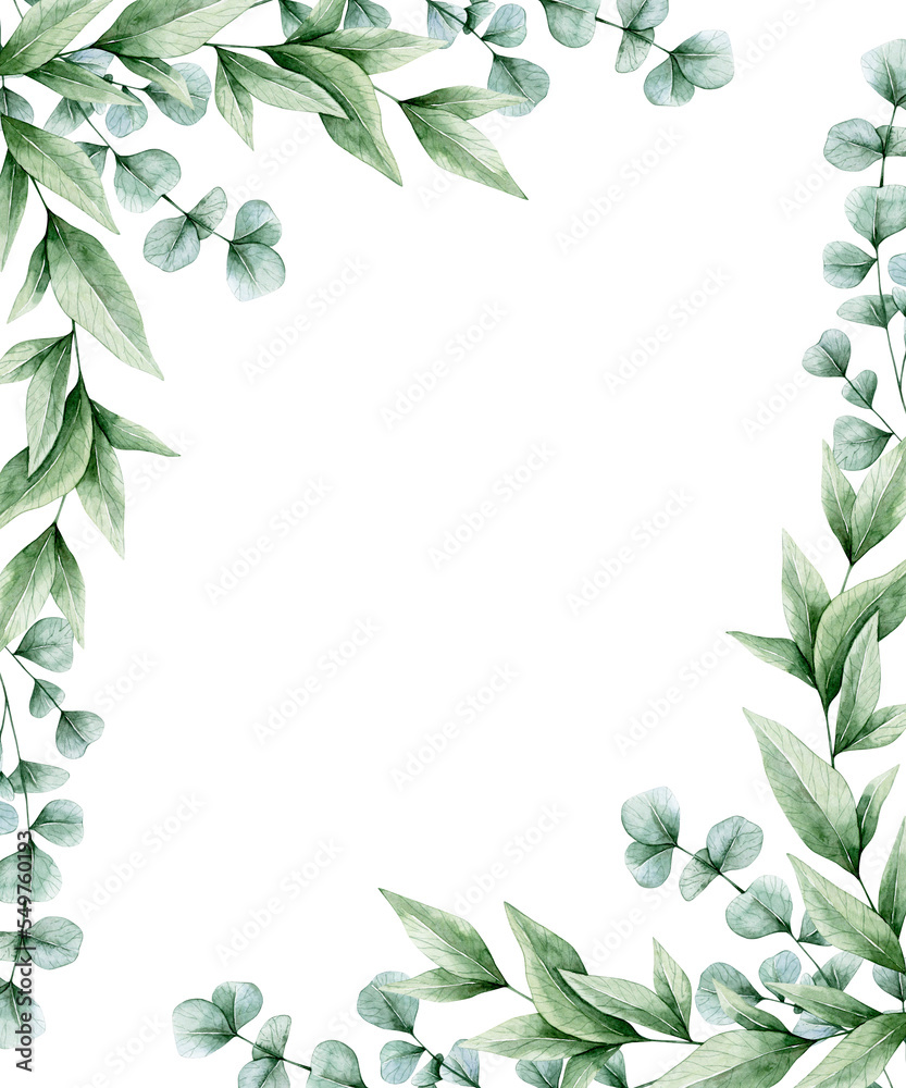 Watercolor illustration card with green eucalyptus leaves frame ...