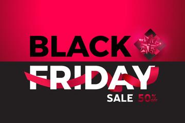 Wall Mural - Black Friday 50% off Sale Poster for Retail, Shopping or Promotion with red ribbon and sales tag on black backgrounds.Black Friday banner template design. Eps10 vector illustration.