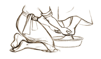 Christ washes Peter's feet. Pencil drawing