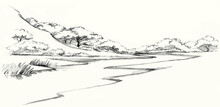 Pencil Drawing. Summer River View