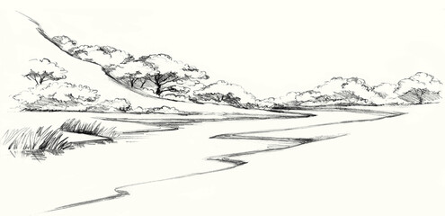 Wall Mural - Pencil drawing. Summer river view