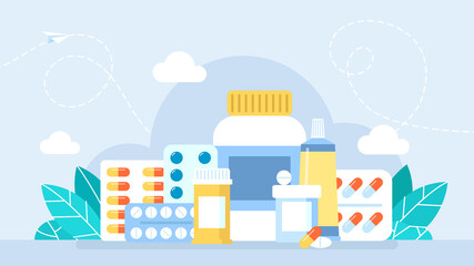 Wall Mural - Pharmacy, medicines. Pills, capsule blisters, glass bottles with liquid medicine, and plastic tubes. Ointment, cream. Various meds. Drug medication end supplements collection. Illustration