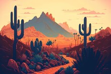 Desert Arizona Landscape, Dry Cactus Valley With Intense Orange Dusty Heat Haze And Clouds, Sandstone Cliffs And Distant Mountains And Rock Formations - Vector Cartoon Stylized Art.  