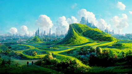 Wall Mural - utopian landscape with a city in the distance