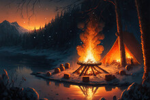 AI Generated Image Of A Cozy Christmas Campfire By A Log Cabin At The Edge Of A Lake