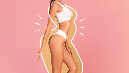 Wall Mural - Dieting Concept. Slim Female In Underwear With Drawn Silhouette Around Her Body