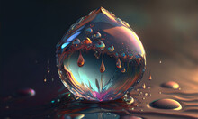 Magical Water Drop As Colourful Crystal Falling On Water Level. Postproducted Generative AI Illustration.