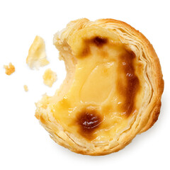 Poster - Partially eaten portuguese custard egg tart with crumbs isolated on white from above.