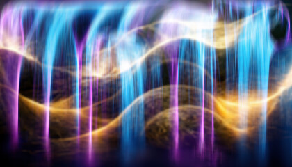 Wall Mural - Blur glow. Neon background. Fluorescent glare. Defocused purple blue golden color light flare rays on dark black collage abstract