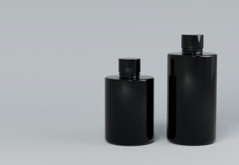 Wall Mural - two black plastic shampoo bottles standing on gray background 3d render business template