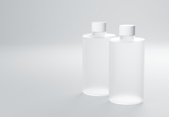Wall Mural - two frosted glass shampoo bottles standing on gray background 3d render business template