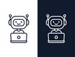 Chatbot outline icon. Bot sign design. Cute robot working behind laptop. Smiling customer service robot. Flat line style vector illustration isolated on white and black backgrounds