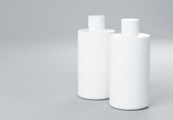 Wall Mural - two white plastic shampoo bottles standing on gray background 3d render business template