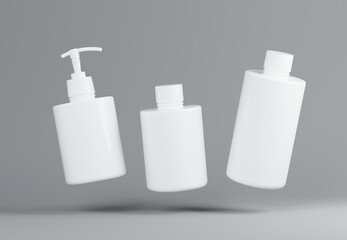 Wall Mural - three different white plastic cosmetic product floating bottles set template on gray background 3d r