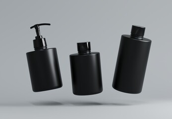 Wall Mural - three different black plastic cosmetic product floating bottles set template on gray background 3d r