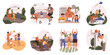 Healthy families web concept in flat design. Parents and children pastime together, running, playing ball, riding bicycles, doing yoga, cooking and rest at picnic modern scene.