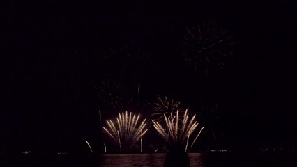 Canvas Print - Amazing beautiful colorful firework display over sea on celebration night. Fireworks show for happy new year	