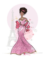 Retro Glam Girl Fashion Illustration, African American Vintage Woman, Woman In Paris, Paris City Background, Hand Drawn Sketch