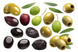 Fototapeta  - Black, green, pickled, whole and pitted, cured or sundried olives with leaves isolated png