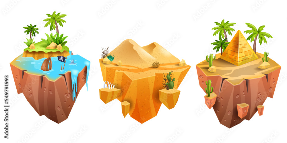 File Island Pyramid Game island, vector isometric 3D floating land, Egypt desert pyramid ...