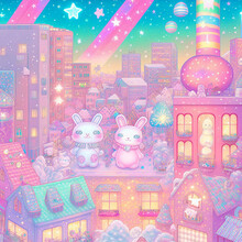 Adorable Cute Kawaii City, Christmas Holiday Winter Fantasy Magical Celestial Sanrio Pearlescent Iridescent