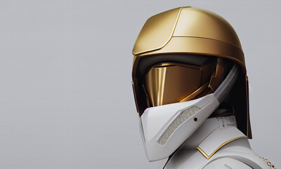 Elite space soldier armed in golden helmet isolated on white background. Postproducted generative AI illustration.