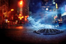Manhole On A Blurred Background Of Times Square During Shows And Bustling City Street Lights At Night. Bokeh Effect In Urban Background.