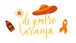 Orange December in portuguese Dezembro Laranja, Brazil campaign for skin cancer awareness. Handwritten calligraphy lettering, sunscreen, wide brim hat icon