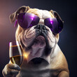 Coole Lustige Bulldogge mit Sonnenbrille und Sektglas in der Pfote, 3D Illustration