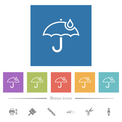 Sticker - Umbrella with single raindrop outline flat white icons in square backgrounds