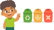a black boy known about kind of trash bins. illustration cartoon character vector design on white background.