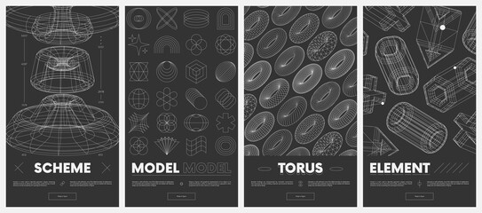 Wall Mural - Collection vector posters with strange wireframes of geometric shapes modern design inspired by brutalism, structures of various shapes, retro futuristic graphics set 10