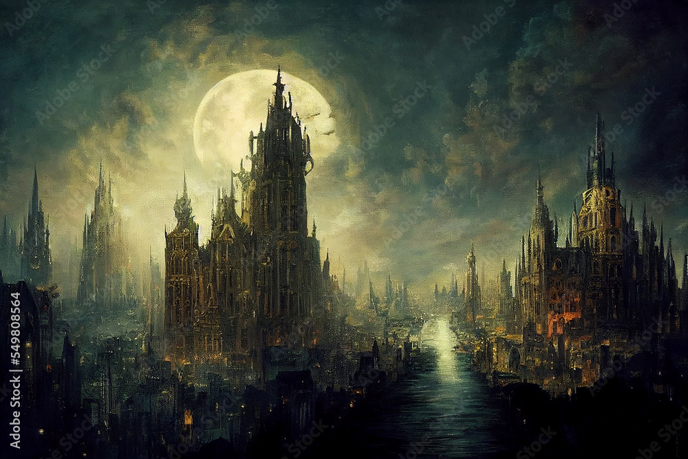gothic fantasy city in the night Stock Illustration | Adobe Stock