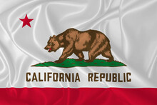 California State Flag With Bear Blowing In The Wind On Fabric Texture
