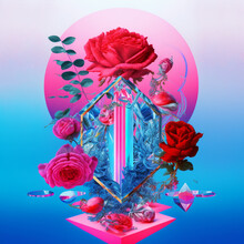 Abstract Roses Collage, Pop Surreal Pink And Blue Roses And Glass, 3D Render, Valentine's Day, Romantic Illustration For Album Cover, Banner, Print, Postcard, Invitation