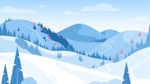 Winter Mountain Landscape. Vector Illustration Of Ski Resort With Snowy Hill, Slope, Funicular, Ski Lift. Outdoor Holiday Activity In Alps. Winter Sport. Skiing And Snowboarding. Active Weekend