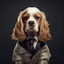 Anthropomorphic Studio Shot Of A Cute Cocker Spaniel Dog In A Suit. Digitally Generated Illustration.